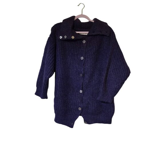 Cambridge Women's Purple Chunky Knit Button Up Cardigan Sweater Fold-Over Collar - Picture 2 of 7